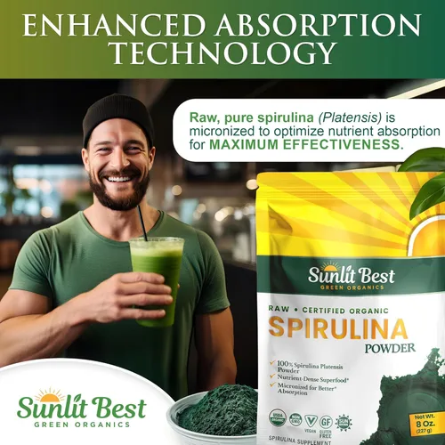 Miniatura 6 de Sunlit Best Polvo de Espirulina Orgánica USDA - Clorofila, Absorción Rápida, Alga Espirulina Azul-Verde, Proteína Cruda Vegana - Sin OMG