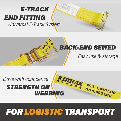 Miniatura 3 de Paquete de 2 correas de trinquete E-Track de 2 pulgadas x 12 pies x 4,400 de fuerza para amarre de carga en remolque cerrado y camioneta por KODIAK