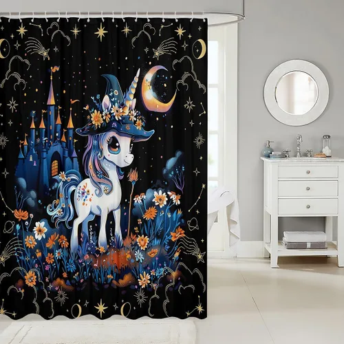 Miniatura 2 de Cortina de ducha de tela de unicornio de Halloween, misteriosa cortina de ducha de flores de castillo estrellado para baño, cortina de ducha
