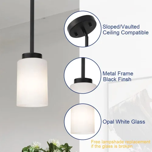 Miniatura 7 de TODOLUZ Luminaria Colgante Negra con Cristal Blanco Ópal, Mini Candelabro de Estilo Rústico para Isla de Cocina y Pasillo