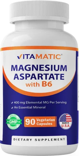 Vitamatic Aspartato de magnesio 400 mg por porción - 90 cápsulas vegetarianas - B6 añadido para una máxima absorción - Apoya la salud muscular,