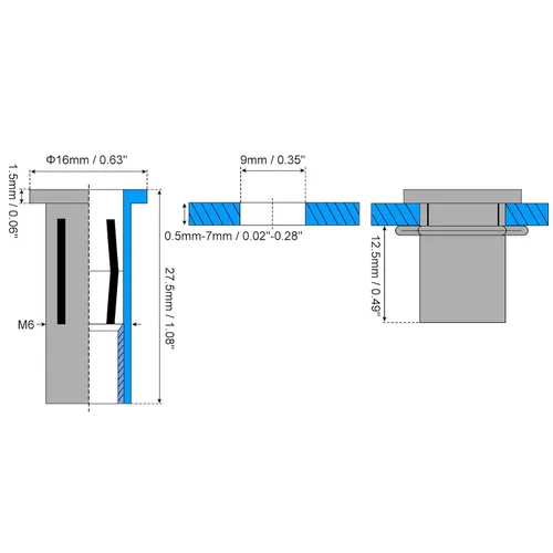 Miniatura 2 de uxcell Tuercas de remache M6 multiagarre, 5 piezas de vástago preabombado, cabeza plana, tuerca de inserción roscada de acero inoxidable 304 más