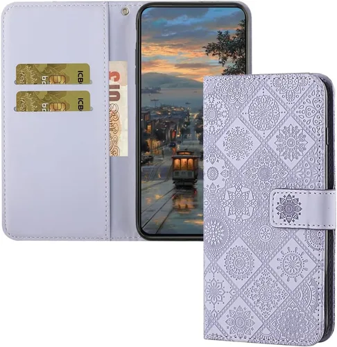 Miniatura 10 de Funda compatible con iPhone 12 Mini con tarjetero de cuero con tapa abatible, estampado retro con función atril, funda protectora magnética