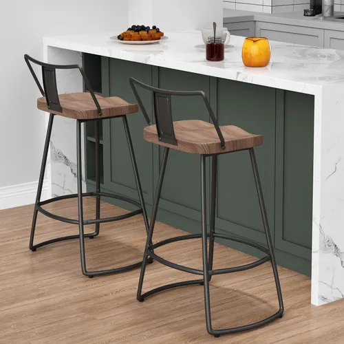 Miniatura 3 de Taburetes de bar giratorios de 24 pulgadas con respaldo, juego de 2 sillas de bar de metal con asiento de madera, taburetes de bar industriales