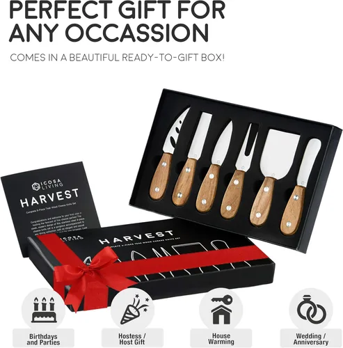 Miniatura 3 de Harvest - Juego de cuchillos de queso de 6 piezas (listos para regalar) – Cuchillos de queso de acero inoxidable de alta calidad con remaches