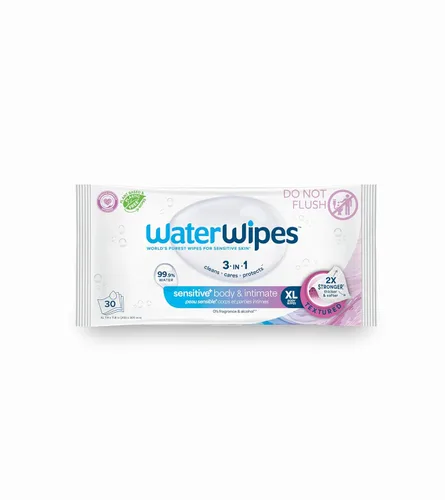 WaterWipes Sensitive+ Toallitas para Cuerpo e Íntimo, 3-en-1 Limpia, Cuida, Protege, 99.9% de Agua, Toallitas Húmedas Higiénicas Sin Perfume y