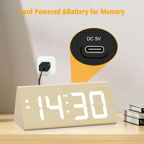 Miniatura 6 de Reloj despertador digital de madera con puertos de carga USB duales, DST, atenuable, función de repetición, reloj LED de tiempo moderno de gran