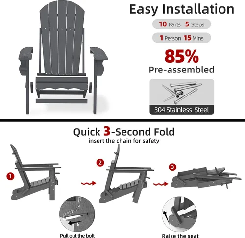 Miniatura 8 de Sillas para fogata, sillas Adirondack plegables de HDPE resistentes a la intemperie, silla Adirondack plegable de composite para patio con Gris