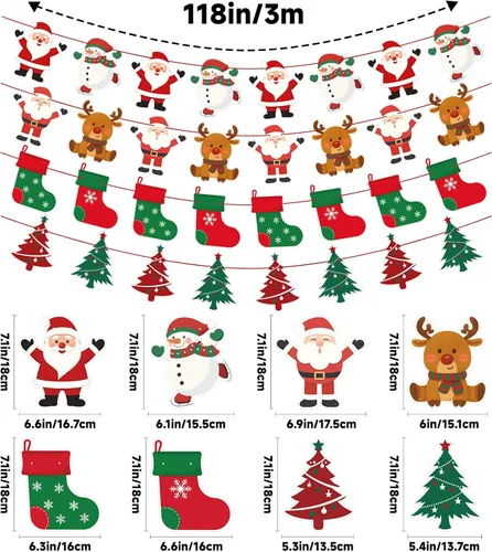 Miniatura 2 de jijAcraft Paquete de 4 pancartas de Navidad, decoraciones de Navidad con diseños de Papá Noel, muñeco de nieve, reno y árbol, guirnalda colgante