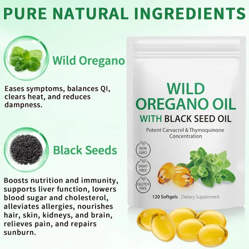Miniatura 2 de Aceite de orégano con aceite de semilla negra, 6000 mg de cápsulas de aceite de orégano orgánico, cápsulas de suplemento de orégano, antioxidantes