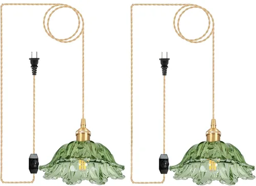 Miniatura 25 de Luces Colgantes para Isla de Cocina, Luz Colgante de Cristal Verde Accesorios de Iluminación Vintage, 9.4 pulgadas E26 Acabado Lámpara Colgante