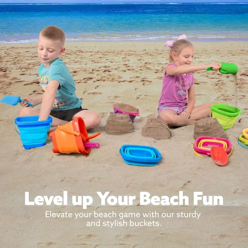 Miniatura 7 de Sloosh Paquete de 3 juguetes plegables de arena, cubo cuadrado plegable de silicona para playa con 3 palas para jugar en caja de arena, fiesta