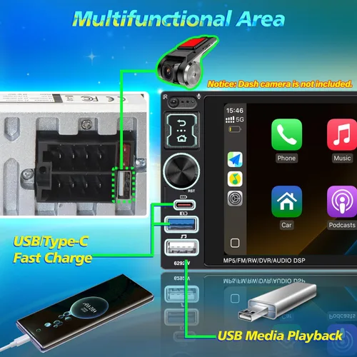 Miniatura 5 de Estéreo de coche de un solo DIN con Apple Carplay inalámbrico y Android Auto, radio IPS de 6.9 pulgadas con pantalla táctil Bluetooth 5.2, control