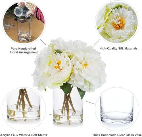 Miniatura 3 de ENOVA FLORAL Flores de seda de peonías en jarrón, flores falsas con agua sintética en jarrón de vidrio para decoración de mesa de comedor, centros