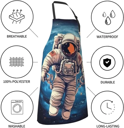 Miniatura 8 de Astronauta Planet Print Apron Waterproof Adjustable Neck Kitchen Aprons With Pockets Chef Apron For Women Men