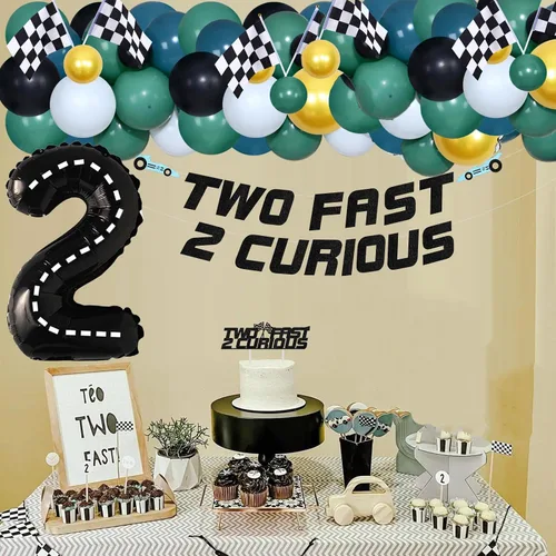 Miniatura 5 de Two Fast Two Curious - Decoraciones de cumpleaños, suministros de fiesta de coche de carreras, kit de arco de guirnalda de globos Let's Go Racing