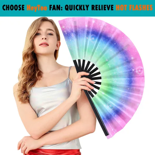 Miniatura 37 de HeyToo Ventilador de mano grande para mujeres/hombres, con brillo UV, para Drag Queen, cosplay, EDM, club, fiesta, música, festival, baile, Cuadrado