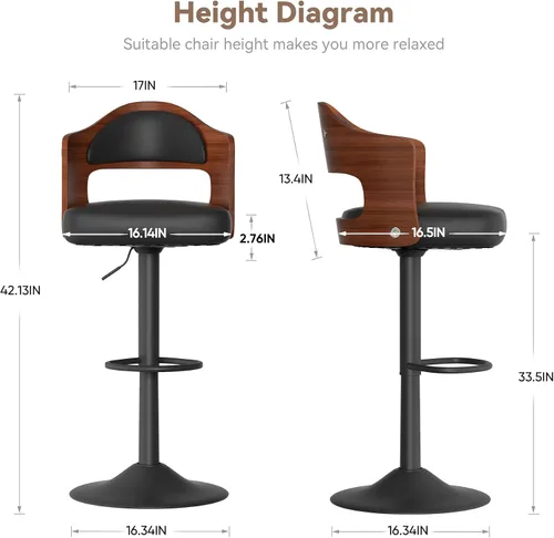 Miniatura 2 de Juego de 2 taburetes de bar giratorios, taburetes de bar de madera tapizados en cuero PU con respaldo y reposapiés, asiento de altura ajustable
