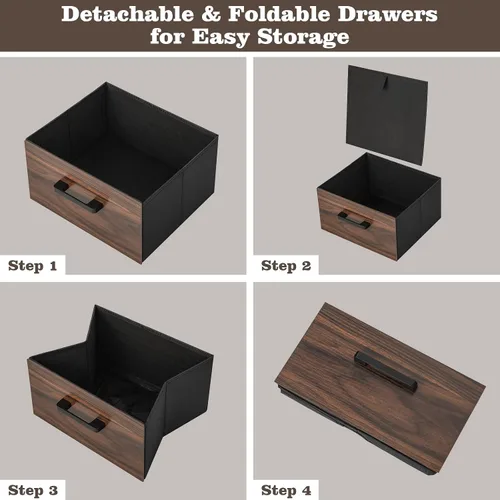 Miniatura 7 de COSTWAY Juego de 2 mesitas de noche, mesa auxiliar de 3 niveles con 2 cajones de tela y estante abierto, mesa auxiliar industrial para dormitorio