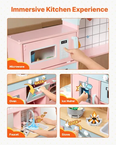 Miniatura 4 de VEVOR Cocina de Juguete de Madera, Cocina de Juego para Niños con Luces y Sonidos, Cocina Infantil con Máquina de Hielo, Horno, Fregadero, Rosa