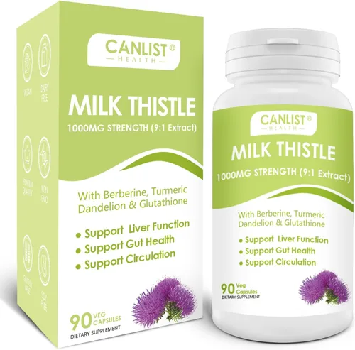CANLIST Cápsulas de cardo mariano de 1000 mg, potente extracto 9:1, apoyo para la salud hepática, desintoxicación y limpieza, antioxidante y salud