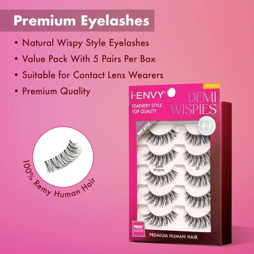 Miniatura 2 de i-ENVY - 5 pares de pestañas postizas Demi Wispies (1 paquete), cabello 100% humano de calidad premium, pestañas esponjosas y plumosas con volumen