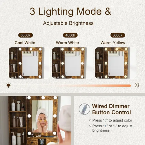 Miniatura 4 de Dressing table with mirror and adjustable LED light, built-in power socket, with 1 large drawer, 2 compact drawers, built-in power socket hairdryer