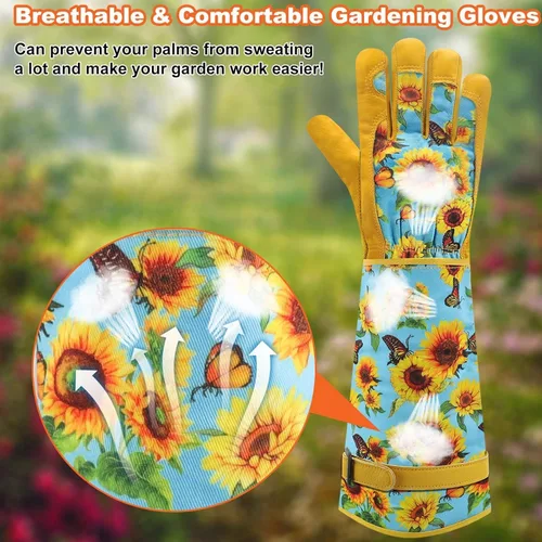 Miniatura 4 de DLY Guantes de jardinería para mujeres, guantes para rosas resistentes a espinas, guantes largos de jardín para mujeres, guantelete de cuero vacuno