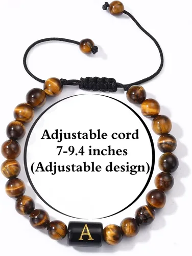 Miniatura 5 de Pulseras de cuentas con iniciales para hombres, regalos de 0.315 in, ojo de tigre, piedra de lava y roca de lava, pulseras de cuentas iniciales