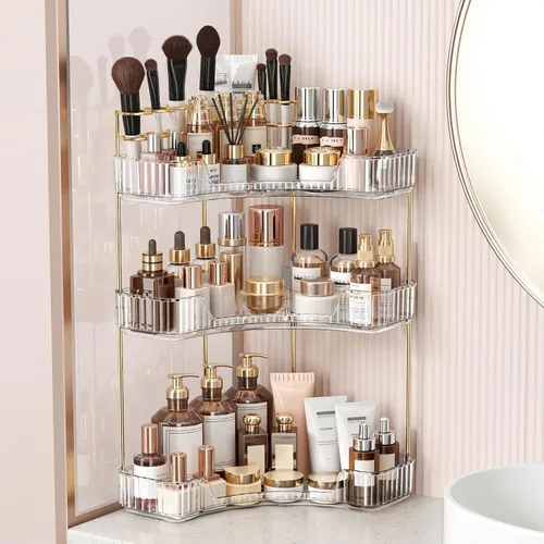 Miniatura 11 de BEFSOP Organizador de esquina para mostrador de baño, organizador de maquillaje mejorado de 2 niveles con soporte para brochas de maquillaje