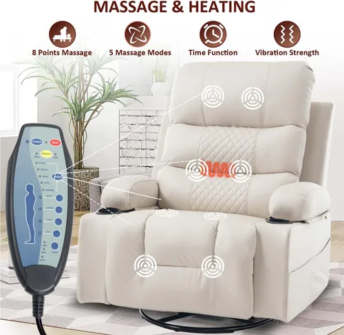 Miniatura 5 de KCQ Rocker - Silla reclinable con calor y masaje, silla reclinable manual de gran tamaño con soporte para tazas, silla mecedora giratoria de piel