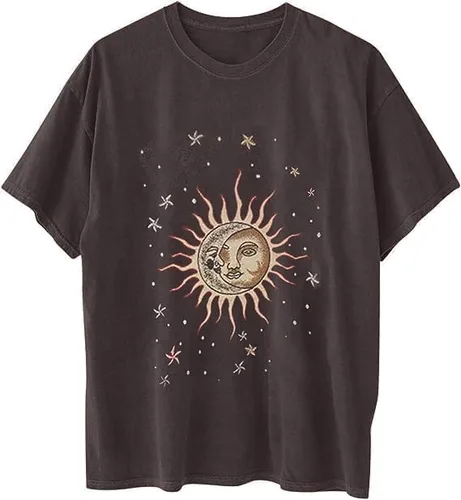 Miniatura 4 de Remidoo - Camiseta informal de gran tamaño para mujer, de manga corta, con estampado de letras, sol y luna