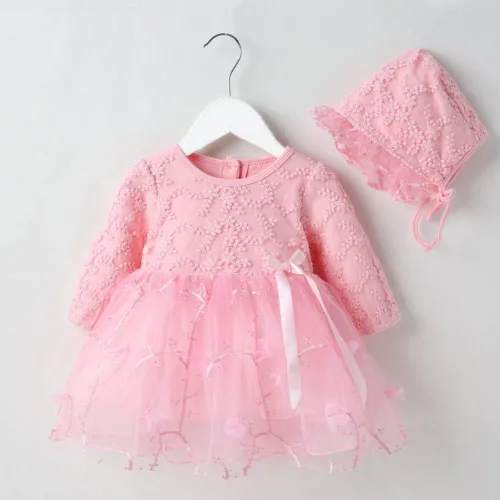 Miniatura 30 de Vestido de otoño de manga larga para niña pequeña, vestido de encaje con flores, boda, primer cumpleaños, bautizo, vestido con sombrero