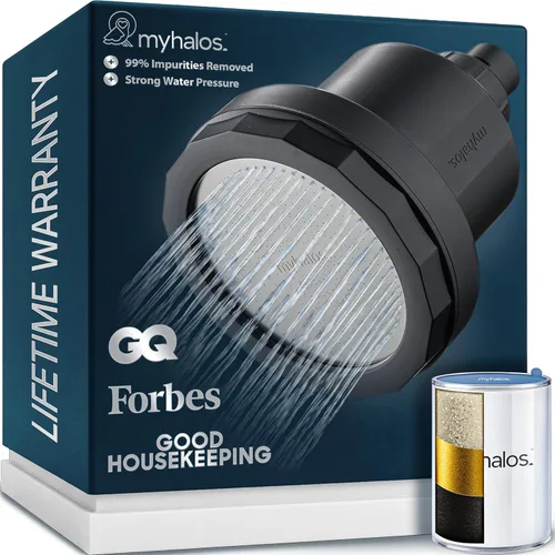 MyHalos® Cabezal de ducha filtrado para filtro de agua dura, alta presión, elimina el cloro, filtro de cabezal de ducha para suavizador de agua Negro