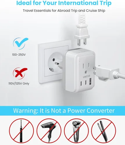 Miniatura 6 de VINTAR - Kit de adaptador de viaje universal, adaptador de enchufe internacional con 3 puertos USB (2 USB C, 3.4 A) y 2 salidas americanas, tipo A