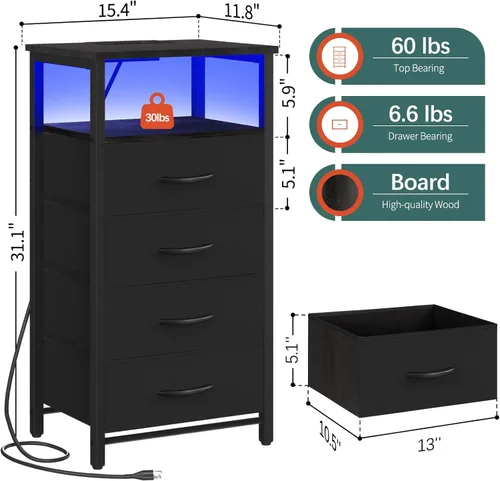 Miniatura 3 de Yoobure - Mesita de noche - Cómoda pequeña para dormitorio, mesita de noche LED negra con estación de carga, mesa de noche con 4 cajones de tela