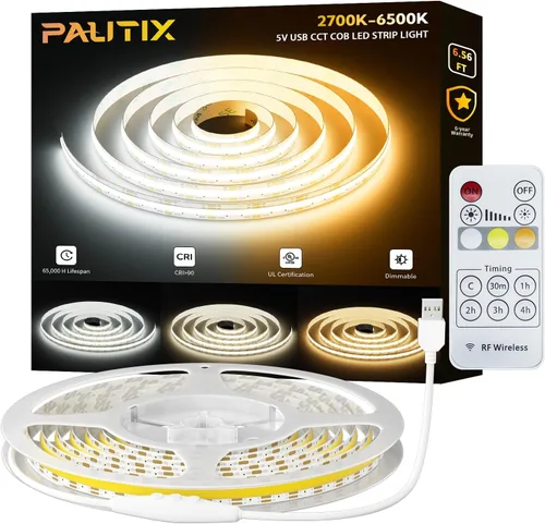 Miniatura 11 de PAUTIX COB Tira de Luz LED Blanca CCT Ajustable 3200LEDs, CRI90+ 16.4ft/5m Regulable 2700K-6500K 24V Cinta de Luz LED, para Bajo Gabinete Dormitorio