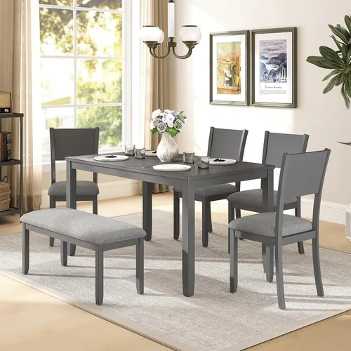Miniatura 17 de Zevemomo Juego de mesa de comedor de madera maciza de 6 piezas, incluye 1 mesa de comedor, 4 sillas tapizadas y 1 banco, juego de mesa de comedor