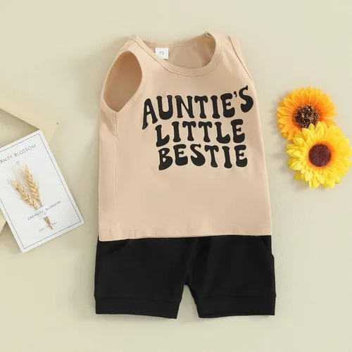 Miniatura 58 de Ropa de bebé niño sin mangas + pantalones cortos con estampado a rayas con bolsillos, 2 piezas de trajes de verano
