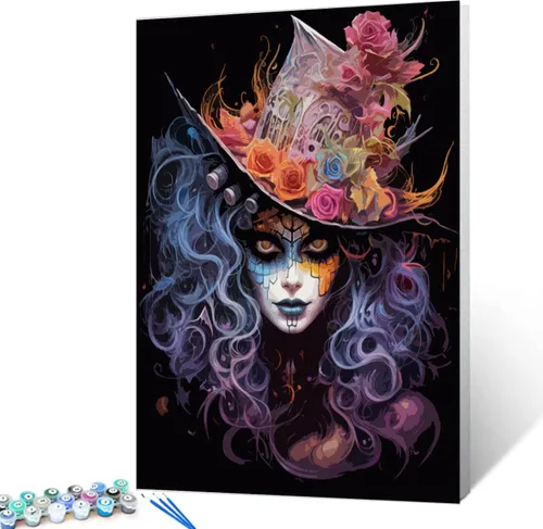 Miniatura 12 de Kit de Pintura por Números de Retrato de Mujer Calavera de Azúcar al Óleo de 16 x 20 Pulgadas, Lienzo para Halloween, Decoración para Mujeres, Chica