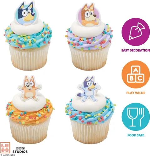 Miniatura 12 de DecoPac Bluey So Much Fun Anillos, 24 decoraciones para cupcakes con Bluey, Bingo, Bandit y Chilli, 3D seguros para alimentos, paquete de 24