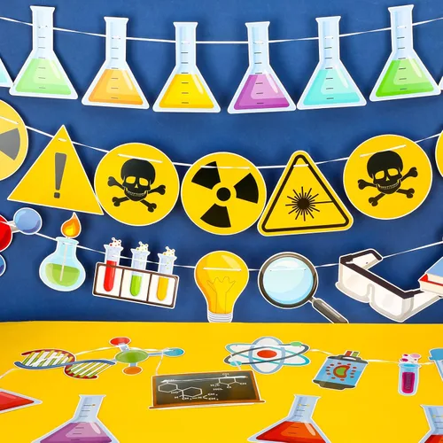 Miniatura 4 de Wettarn - 5 piezas de decoraciones de regreso a clases, pancartas de laboratorio de ciencia, química, laboratorio, fiesta, guirnalda colgante