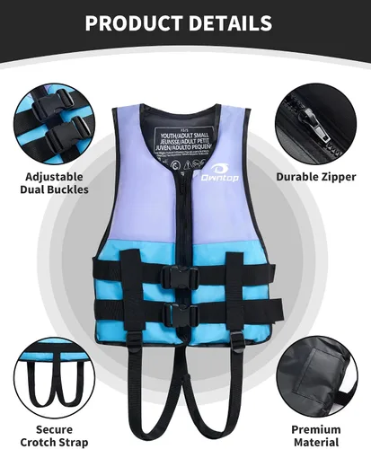 Miniatura 2 de Owntop Chaquetas de natación para niños y adultos de 50 a 125 libras de hebillas dobles, cremallera y correa de entrepierna, chaleco de esquí ligero