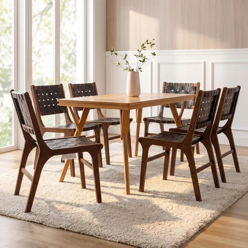 Miniatura 12 de Woven Leather Dining Chairs Set of 4, Mid Century Modern Solid Wood Dining Room Chairs with Handwoven Leather Strap Seat, Armless Kitchen Side