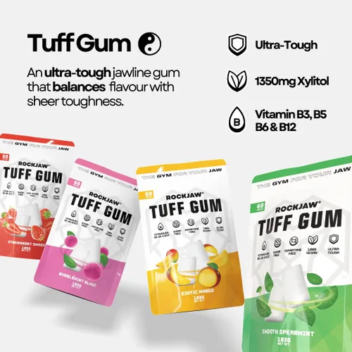 Miniatura 3 de ROCKJAW Jawline Gum Tuff Gum 2.0 con complejo de vitamina B - 100% xilitol, sin aspartamo, sin azúcar, mango exótico (sin tim) - Suministro para 2