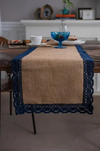 Miniatura 5 de Camino de mesa de yute natural rústico para mesa de comedor de granja con dobladillo de encaje para boda, fiesta, camino de mesa lavable, camino