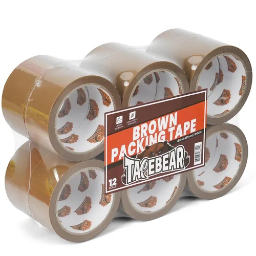 TAPEBEAR Cinta de embalaje marrón, 12 rollos, repuestos de cinta de embalaje resistente de 1.88 pulgadas x 55 yardas para cajas, cinta marrón de