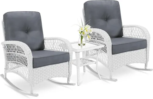 Miniatura 12 de VIVIJASON Mecedora de mimbre para exteriores, silla mecedora de ratán para patio con cojines y marco de acero, muebles de mimbre mecedores