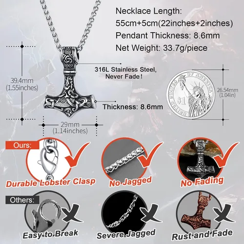 Miniatura 5 de FaithHeart - Collar con talismán escandinavo vikingo de martillo de Thor, joya original clásica de hombre de acero inoxidable, amuleto colgante