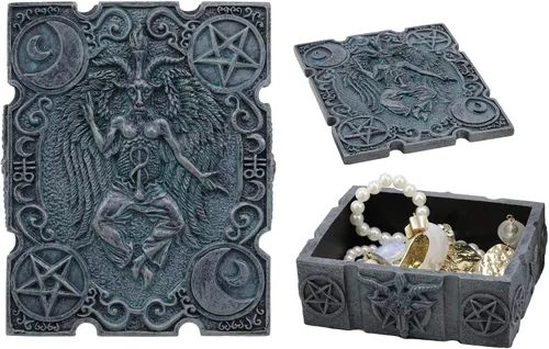 Ebros Baphomet de cabra sabático de 4.5 pulgadas de largo con lunas crecientes y pentagrama baratija caja decorativa pequeña joyería recuerdo